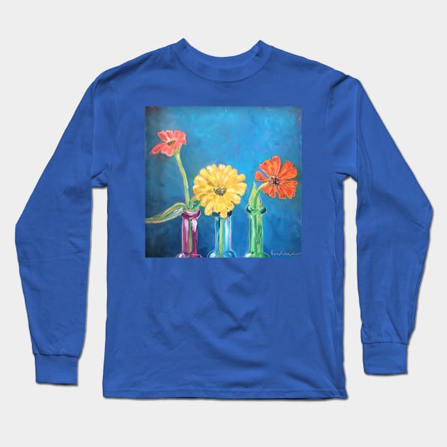 Zinnias in Colored Bottles Long Sleeve T-Shirt by HelenDBVickers